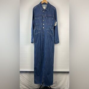 a.n.a Classic Blue Denim Long Sleeve Collared Utility Jean Jumpsuit Size M